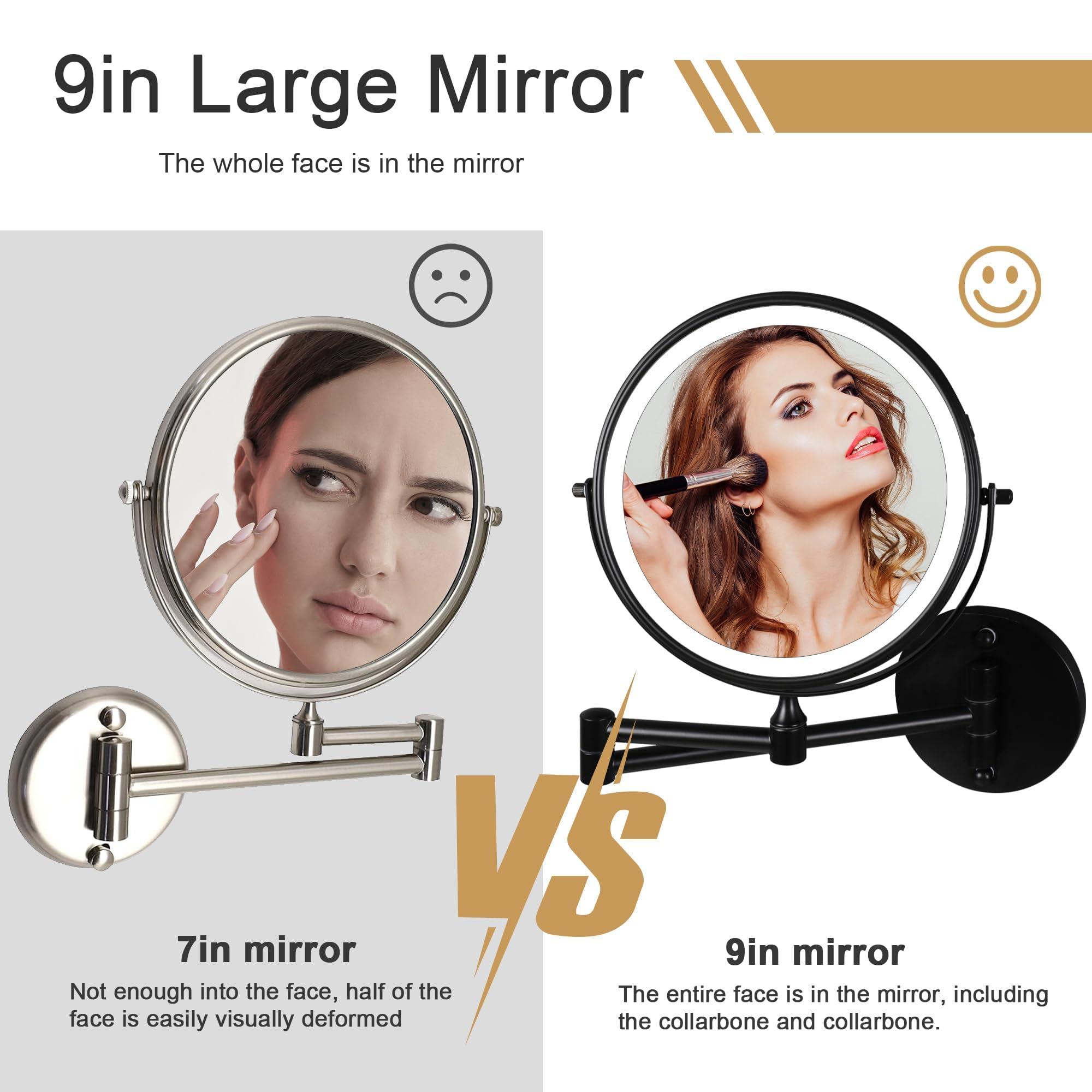 TUSHENGTU 9\" Large Black Wall Mount Magnifying Mirror With Light, TUSHENGTU 3000mAh Rechargeable Lighted Makeup Vanity Mirror Wall Mounted Swing Arm,10X/1X Magnifying Vanity Mirror for Bathroom 360Double Sided