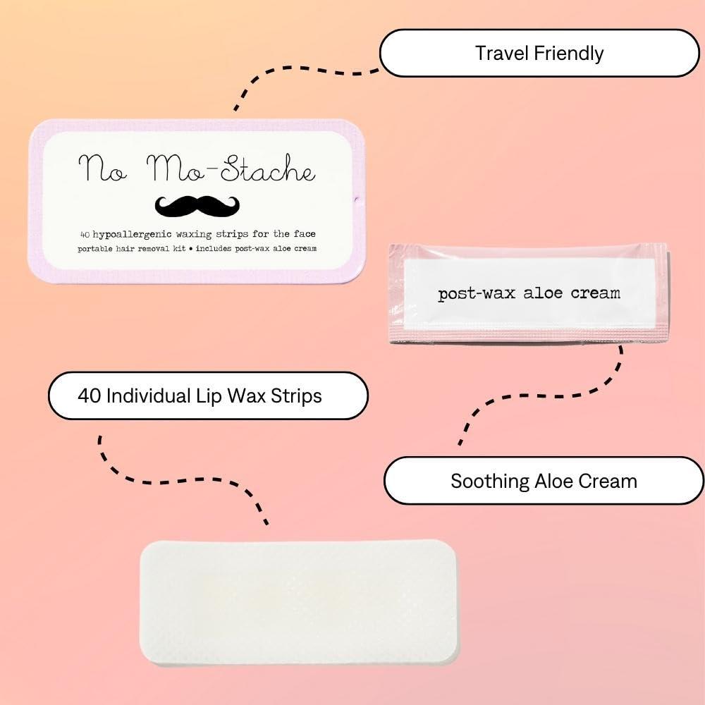 No mo-stache No mo-stache Wax Strips for Lip and Face - Hair Removal Kit - 40 Travel Friendly Individual Use Strips - Vegan - Paraben Free - Safe for All Skin Types - For Women - Shark Tank Product