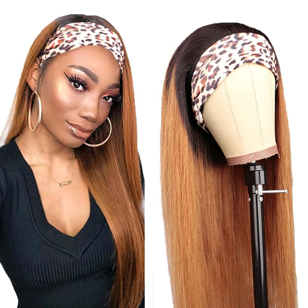 YiweYowe YiweYowe Brown Straight Headband Wigs Human Hair 1B30 Brown Ombre Wigs Medium Auburn Wigs Dark Root Glueless None Lace Wig 150% Density Brazilian Virgin Hair Machine Made Headband Wig 30 Inch