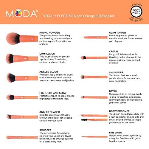 MODA MODA Totally Electric 13pc Full Face Makeup Brush Set, Includes - Powder, Complexion, Blush, Shader, Smudger & Crease Brushes with Zip Case (Neon Orange)