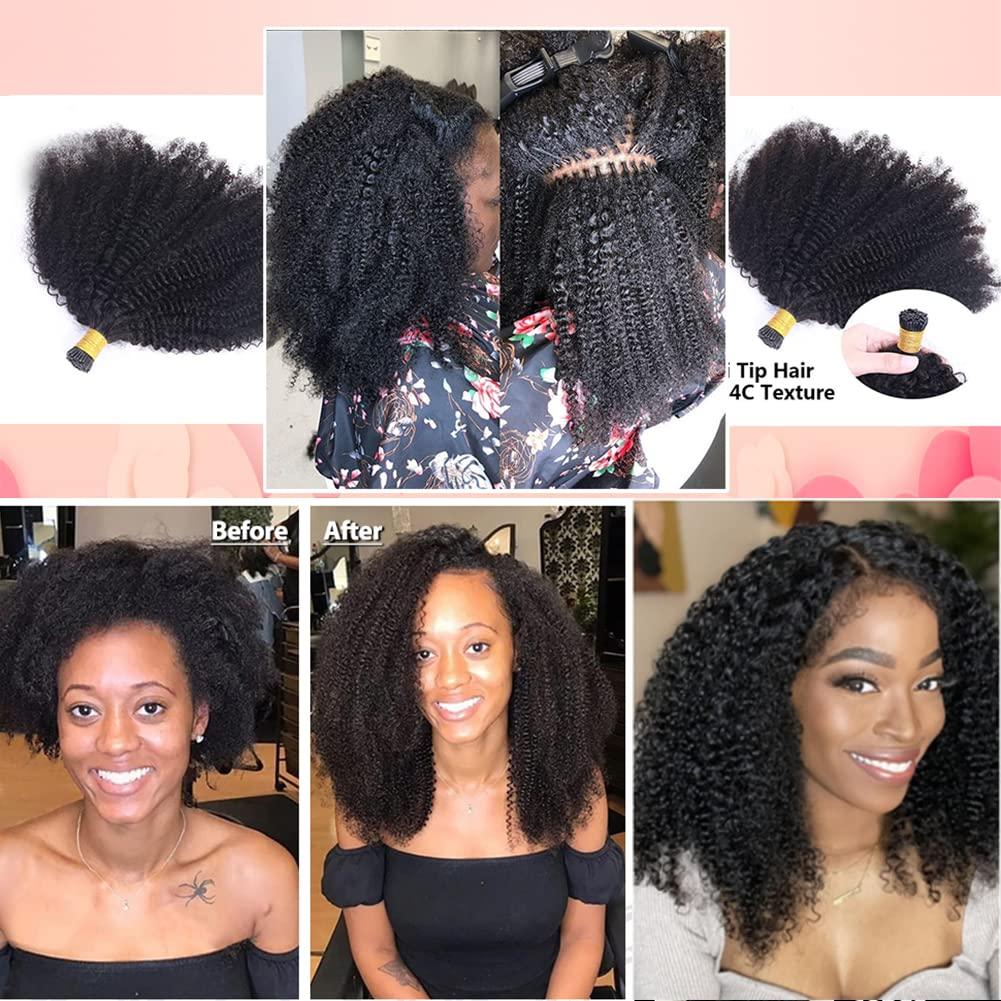 Kiss darling LASHES I Tip Hair Extensions Afro Kinky Curly 4B 4C Human Virgin Hair 1g/strand 100g Pre Bonded Microlinks Keratin Fusion Stick I Tip Hair Bundles for Women 24\"inch, Natural Black