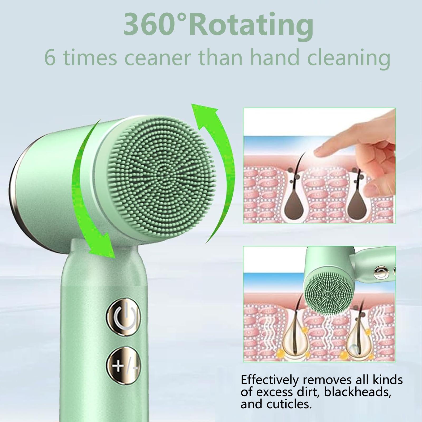 DotPet Facial Cleansing Brush, 6 in 1 Electric Face Scrubber with 6 Brush Heads and 3 Spin Speeds for Deep Cleansing, Waterproof Rechargeable Face Brushes for Dry Oily Sensitive Skin (Green)