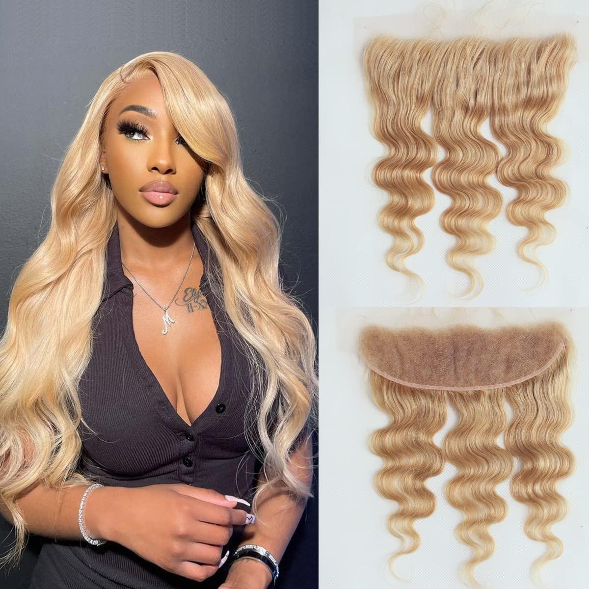 Dorabeauty DoraBeauty #27 Honey Blonde Lace Frontal 100% Unprecessed Brazilian Virgan Human Hair Body Wave 13×4 inches Frontal Ear to Ear Free Part Pre Plucked Natural Hairline with Baby Hair 12 inches