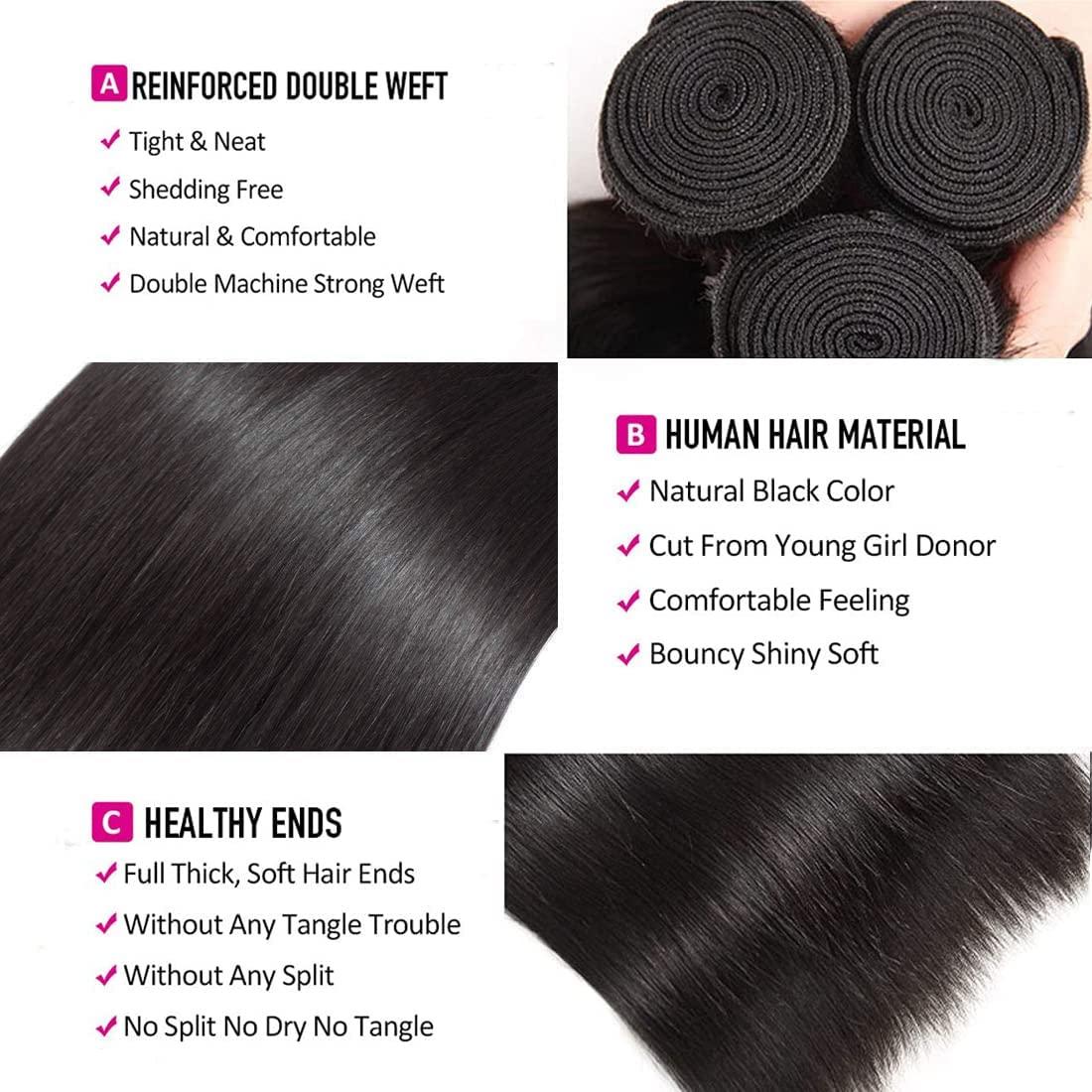TNICE Straight Human Hair Bundles 20 20 20 Inch Brazilian Straight Hair Bundles 100% Unprocessed Virgin Hair Weave Bundles Human Hair Extension for Women Natural Color