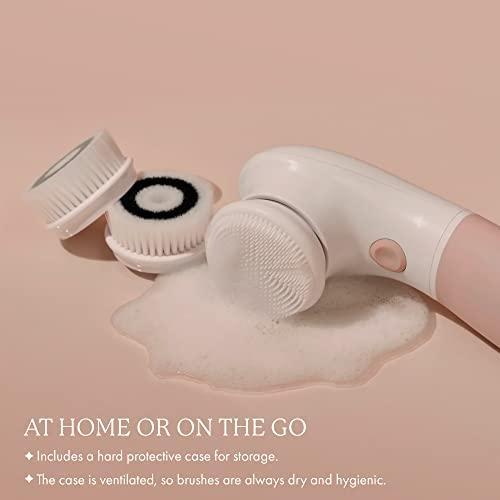 Vanity Planet Raedia Handheld Facial Cleansing Brush with 4 Interchangeable Brush Heads by Vanity Planet - Lightweight Daily Cleansing Brush for Glowing Skin - Water Resistant Face Exfoliator - Warm Grey