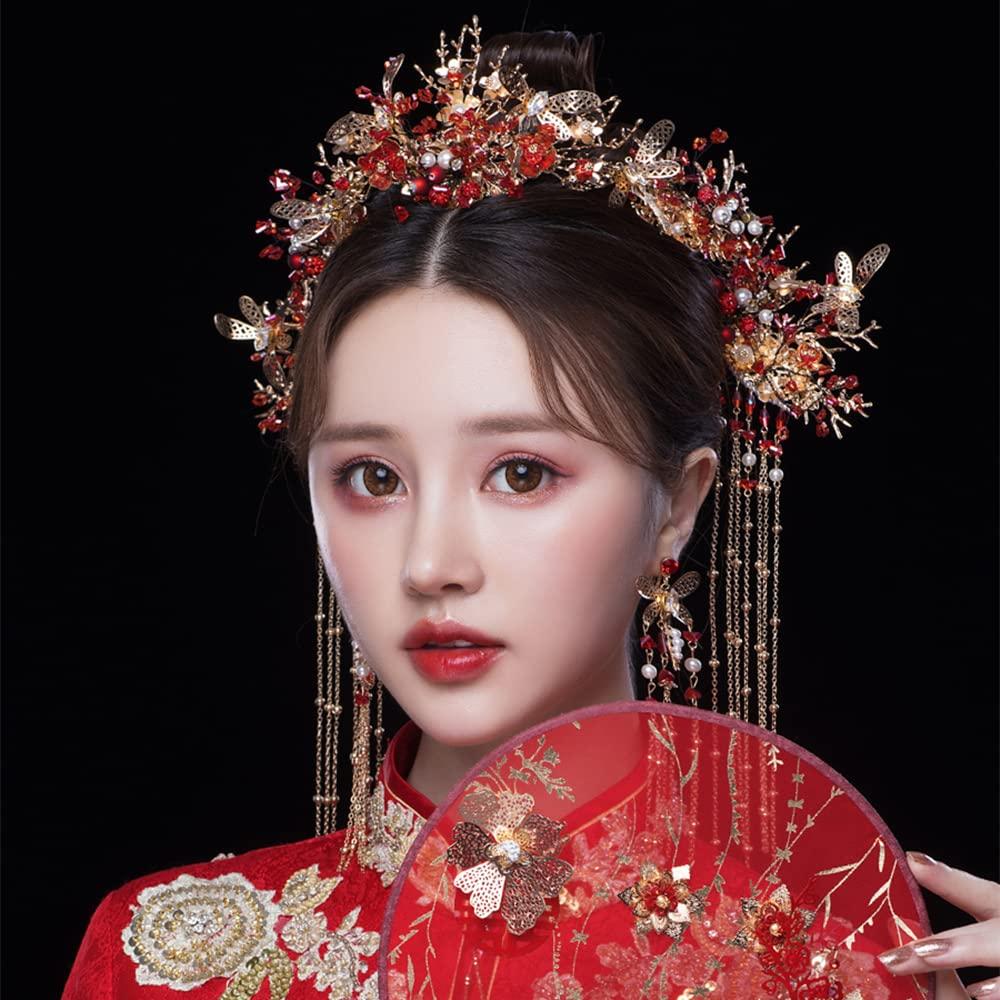 Getrelax Getrelax Chinese Wedding Bride Hair Accessory Chinese Crown Wedding Hair Accessories Red Flower Floral Beaded Flapper Headband Jeweled Bridal Wedding Tiara