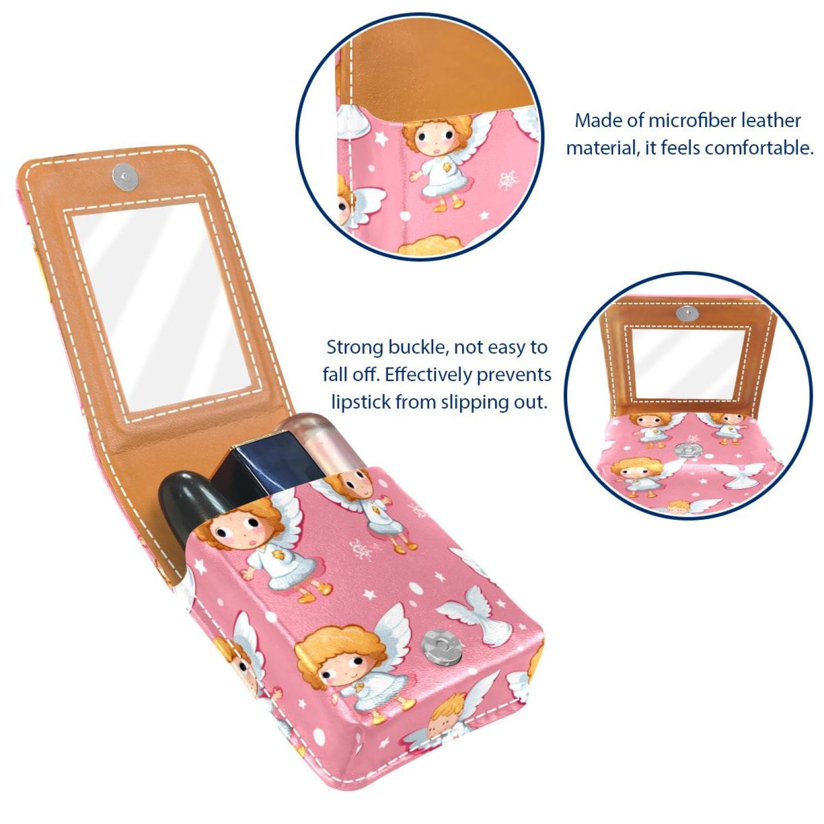 YTYVAGT YTYVAGT Lipstick Case,Leather Lip Gloss Lipstick Organizer with Mirror,Mini Lipstick Holder Bag,Cartoon Angel on Pink Background