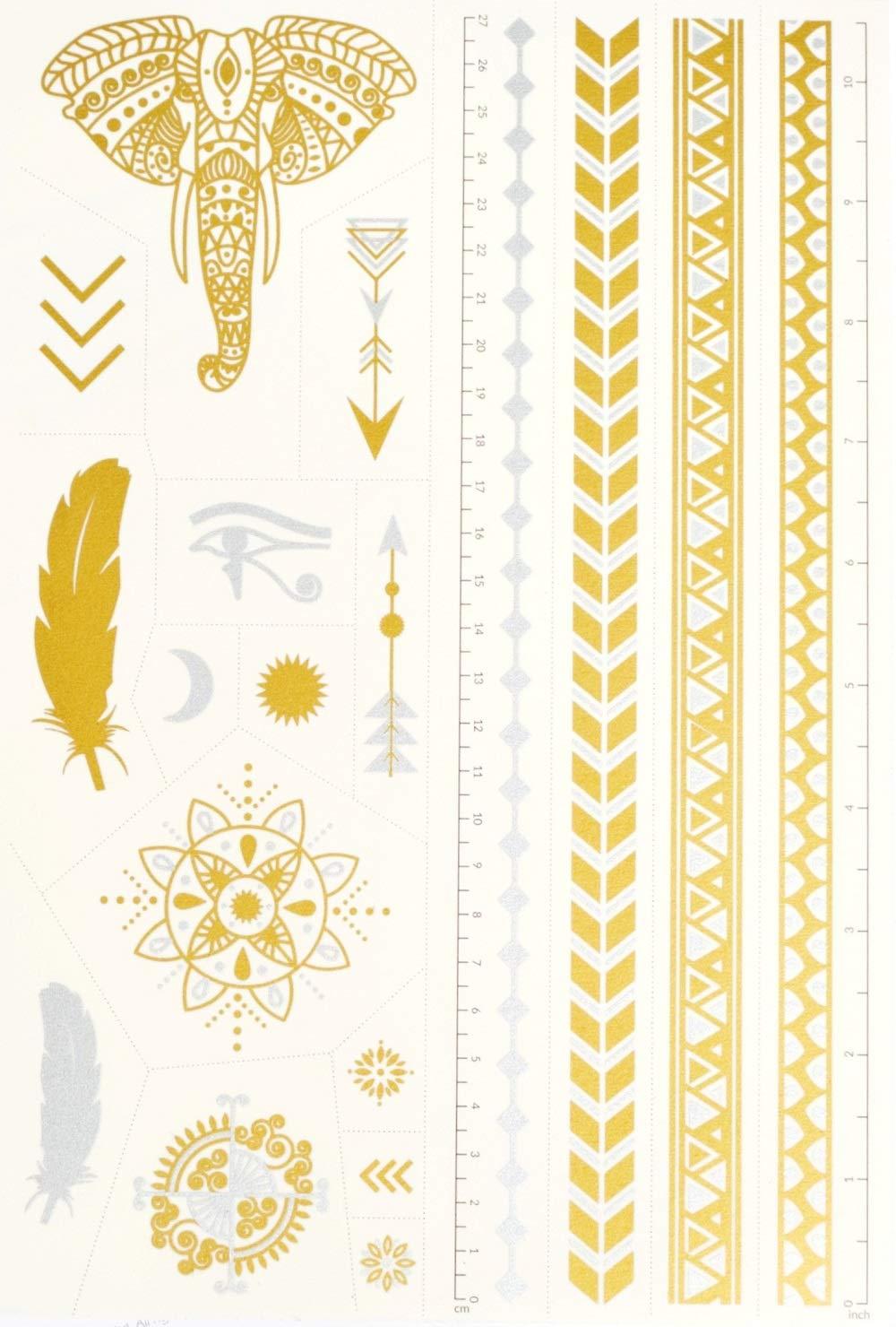 Tatsy Temporary Tattoo Set By Tatsy, The Festival Set, Shiny Glitter Gold, For Women and Men, Original, Unique Design, Cover Up, Fancy Patterns, Waterproof Tattoos, Elephant, Arrows