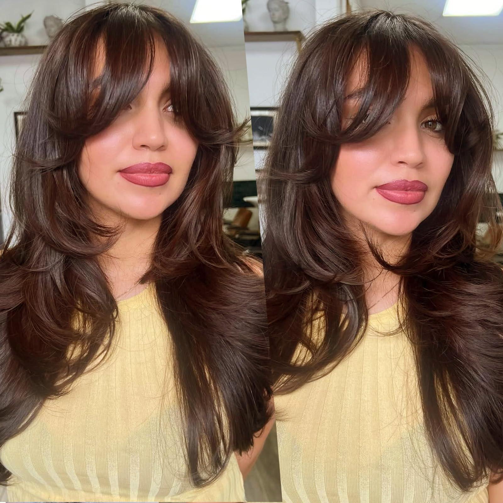 LEOSA LEOSA Dark Brown Wig with Curtain Bangs Layered Wig for Women Brown Hair Wig Shoulder-Length Wavy Wig Long Dark Brown Synthetic Wigs with Bangs for White Women Medium Brown Wig for Daily Party Use