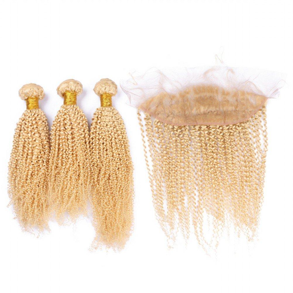 Cloud Hair Cloud Hair Blonde 613 Kinky Curly Hair Weaves 3Pcs With Ear To Ear Frontal Brazilian Virgin Afro Curly Hair Weft With Top Closure 13x4 With Baby Hair (24 24 24+22 inch frontal)
