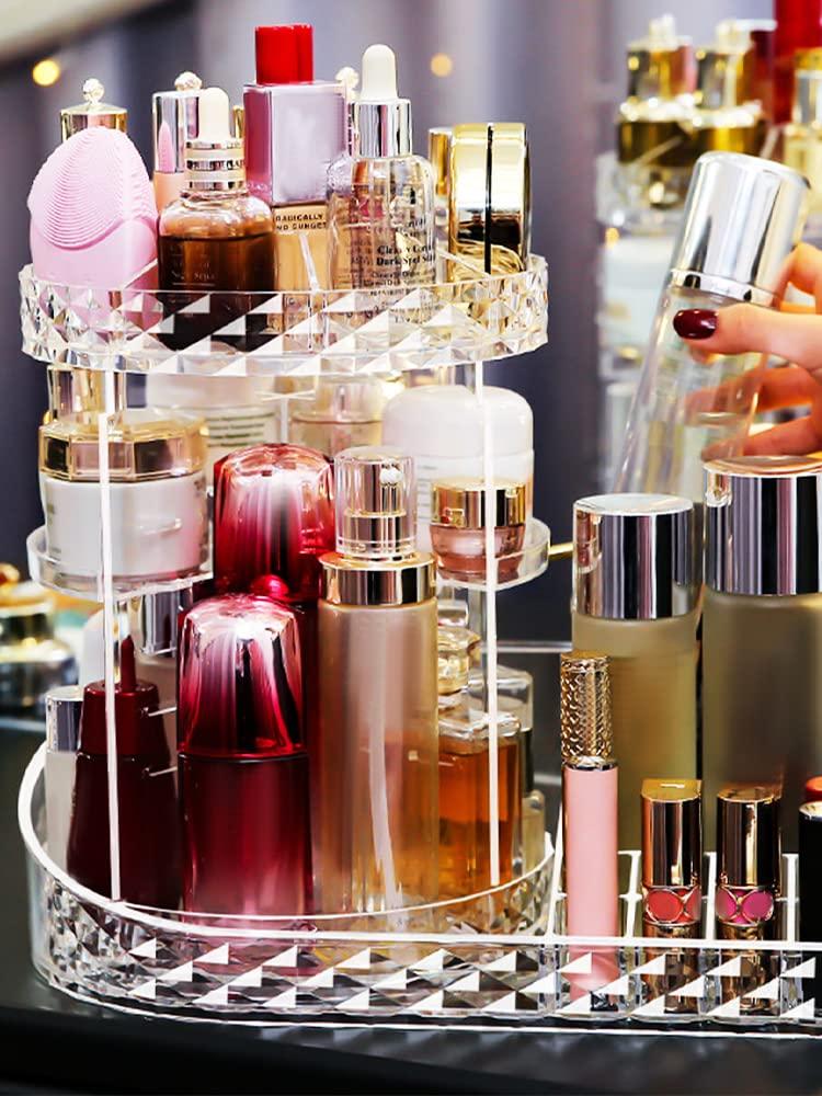 Fizocosisto Rotating Makeup Organizer 360 Degree Makeup Holder Large Capacity Adjustable Cosmetic Storage Stand Space Saving Makeup Display Box for Makeup Lipsticks Dresser Bedroom Bathroom US