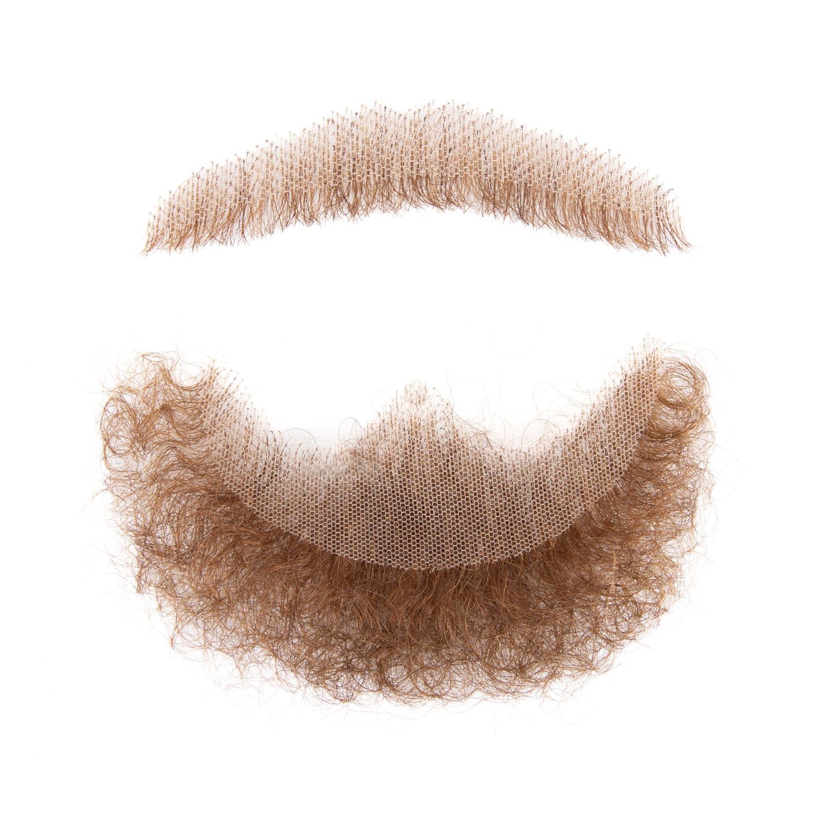XRDDFL XRDDFL Fake Beard Human Hair Realistic Fake Mustache for Men, Full Hand-tied Invisible Lace Based Fake Facial Hair Brown False Goatee Beards for Halloween Cosplay Costume Party Drama