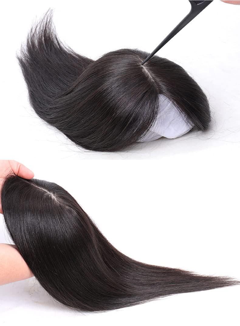 EREE HAIR EREE HAIR 4.7x5.1 Silk Base Remy Hair Topper Top Hairpiece for Thinning Hair,Seamless Straight Human Hair Topper Hair Piece Women Toupee Clip in Topper Hair Pieces 14\" Natural Black