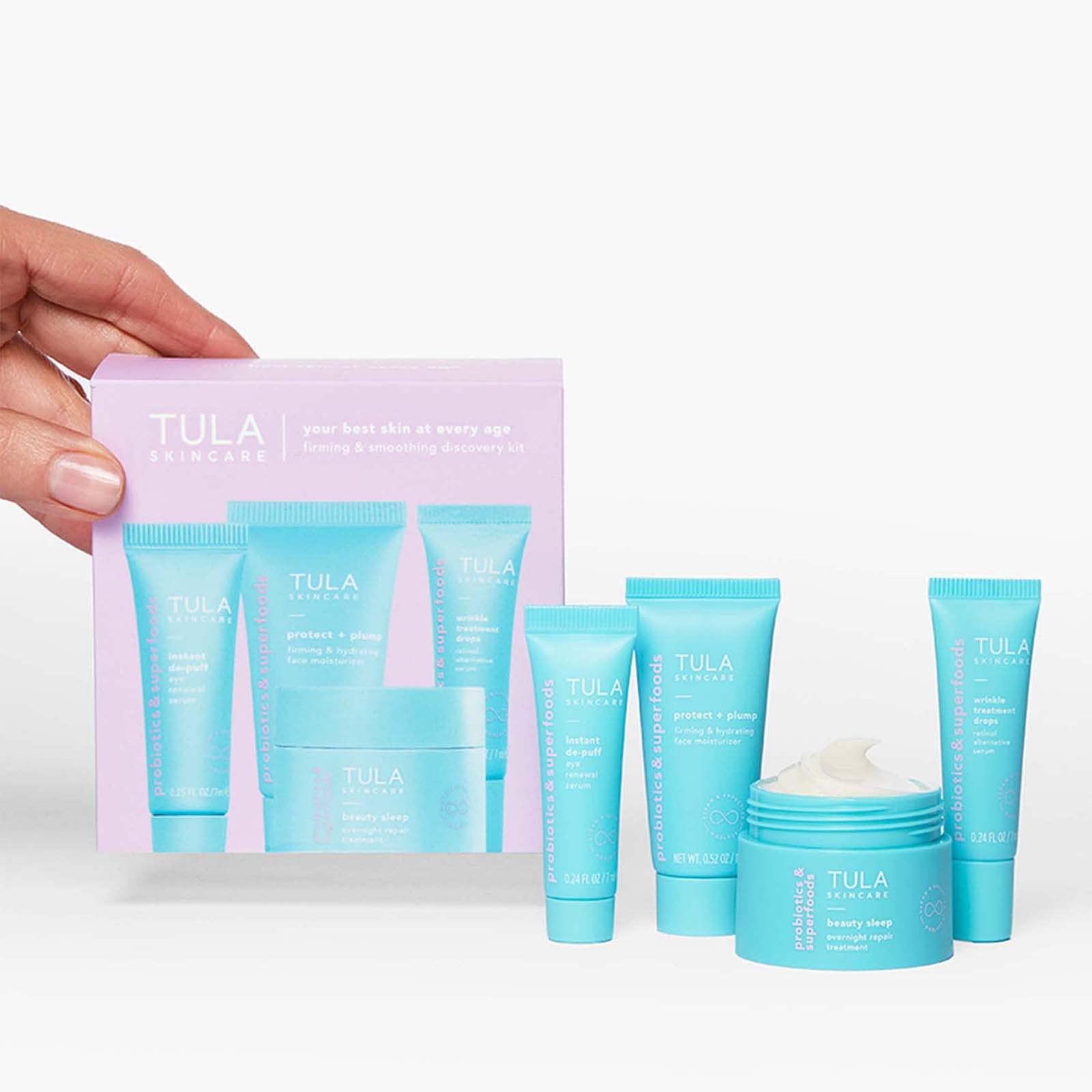 TULA TULA Skin Care Your Best Skin At Every Age Firming & Smoothing Discovery Kit, New Packaging - Wrinkle Treatment, Face Moisturizer, Eye Serum and Overnight Repair Treatment, Anti-Aging, 4-Piece Kit