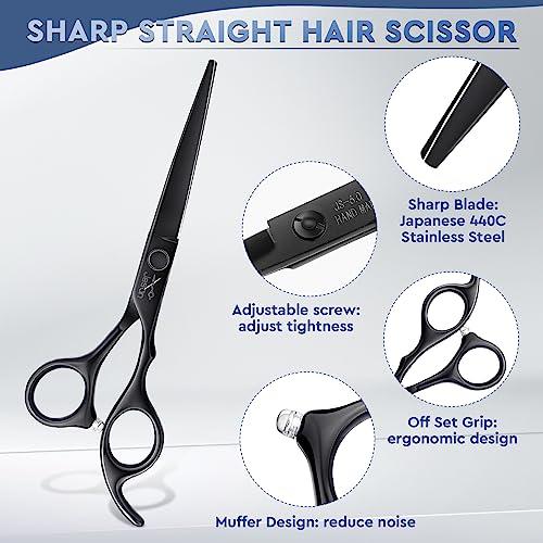 JASON JASON Hair Cutting Scissors Set - Professional 10 PCS Haircut Scissors kit, Thinning Blender Scissors, Straight Shears with 30 Teeth for Men Women Home Salon Barber (6.5\", Black)