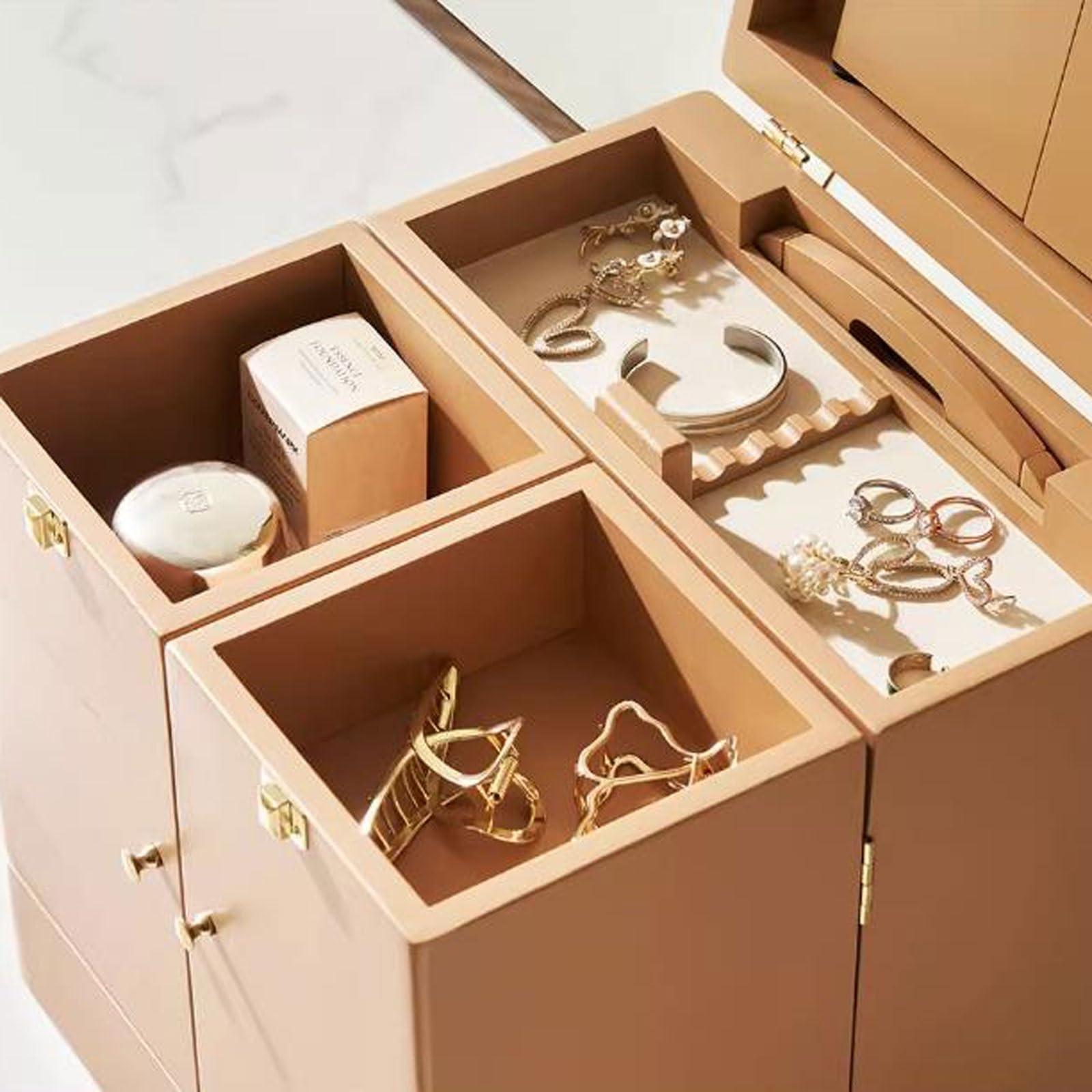 BENGAOTH-O Makeup & Jewelry Storage, Solid Wood Makeup Organizer Box,Portable Large Capacity Skincare Storage Cabinet with Mirror, Cosmetic Display Case with Drawers , Brush Perfume Jewelry Lipsticks Holder , Mu