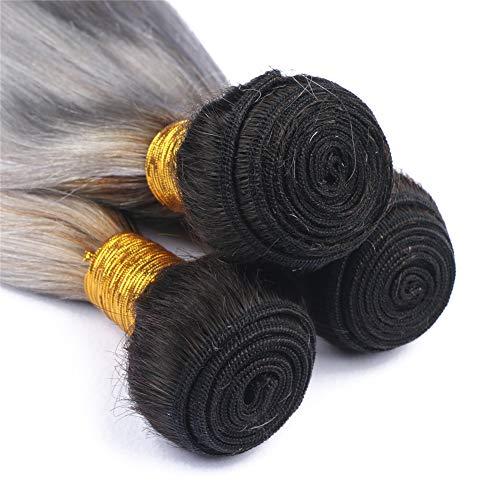 Generic Silver Grey Ombre Straight Human Hair Bundles Dark Roots Virgin Peruvian Human Hair #1B/Grey Ombre Weave Bundles 3Pcs Black to Grey Ombre Virgin Hair Weft Extensions 10-30" (14 16 16)