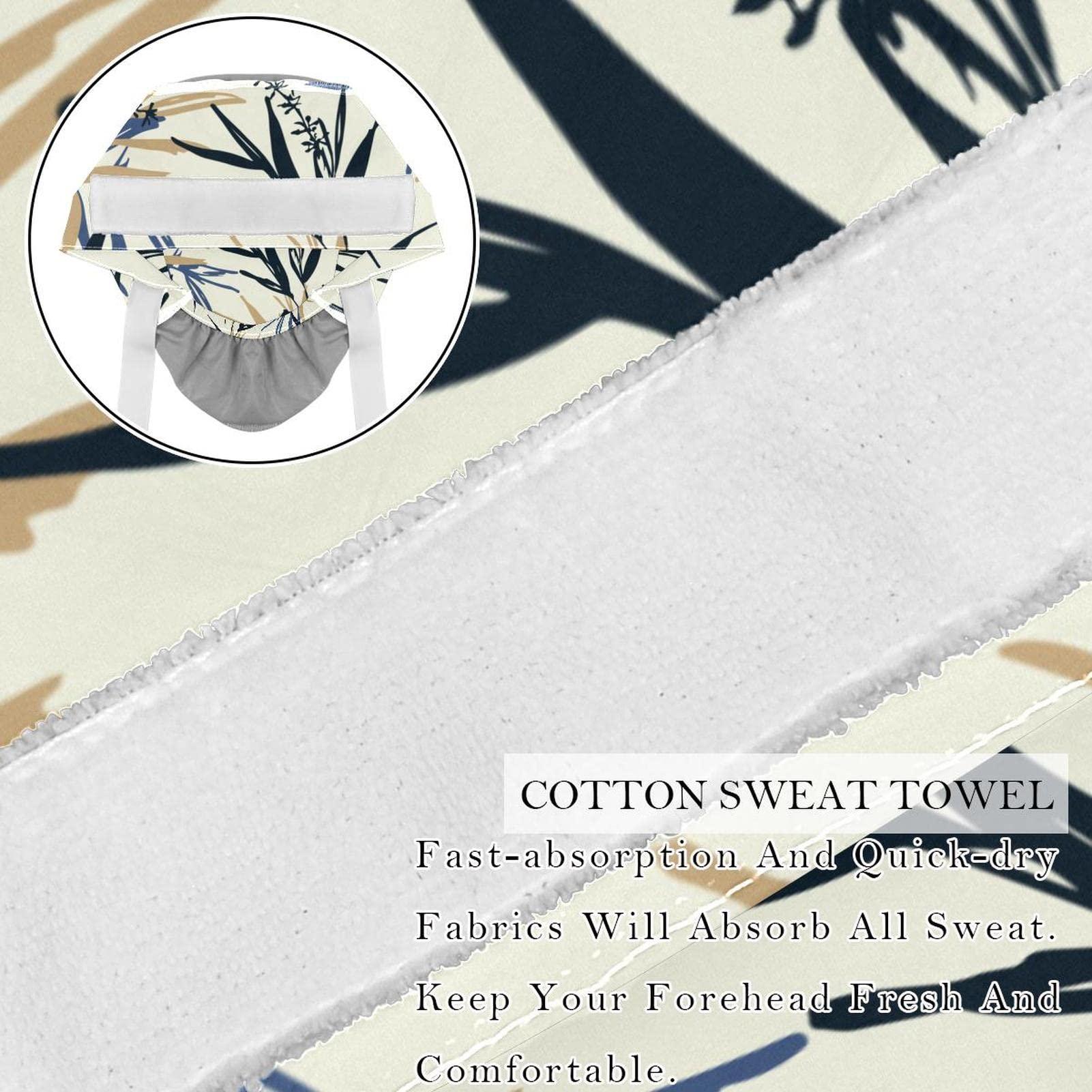 Lyetny Blue and Beige Bamboo Leaves and Flower Oriental Scrub Caps Hats Women Bouffant Working Hat Ponytail Holder for Women Long Hair Covers 2PCS