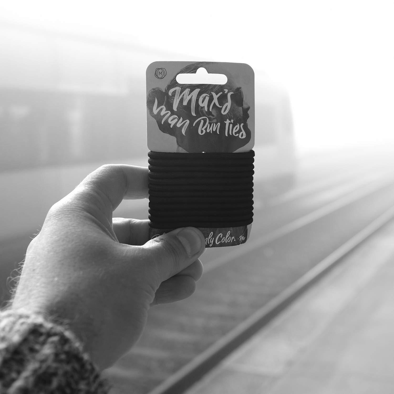 Max's Man Bun Ties No Tangle, No Damage Soft Hair Elastics, Supports 7-8 Pounds of Hair, Metal Free - 12 Pack 4mm Strong Man Bun hair Ties Black Bands