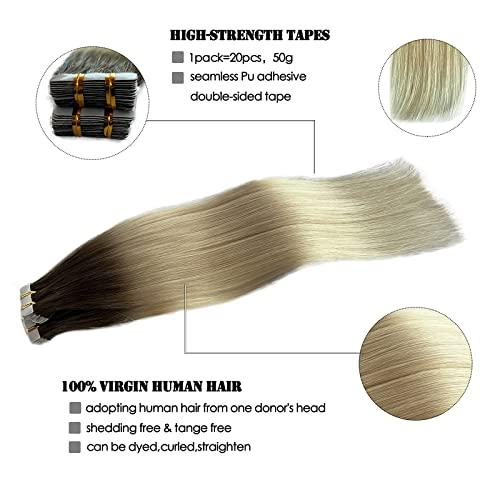 Munx Tape Ins Human Hair Extensions 22inch Omber Flax Brown to Platinum Blonde Silky Straight Brazilian Double Sided Tape in Extensions Human Hair Tape in Extensions
