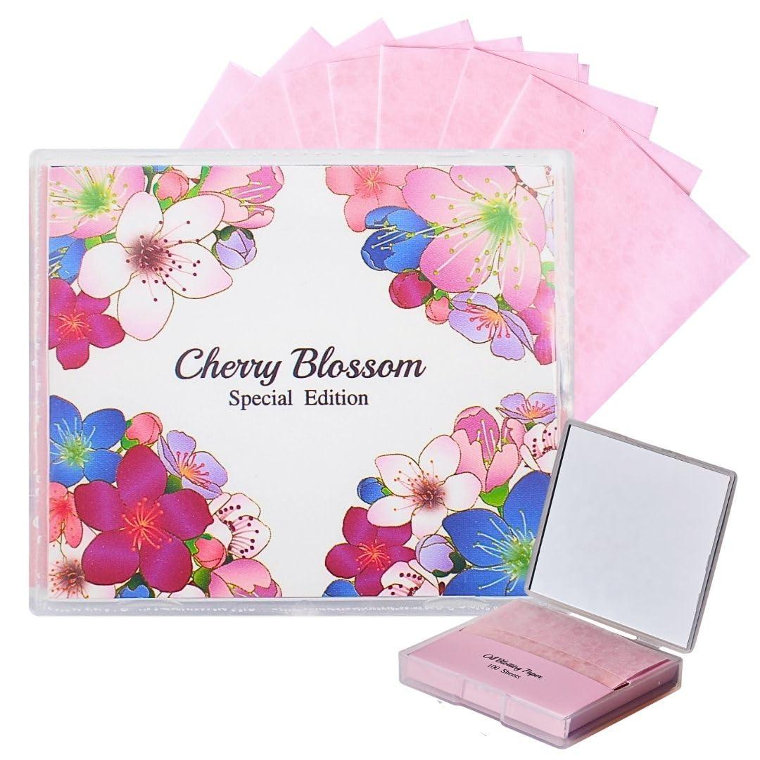 varuza [100 Counts + Mirror Case] Cherry Blossom Natural Oil Blotting Paper for Face Korean with Mirror Case