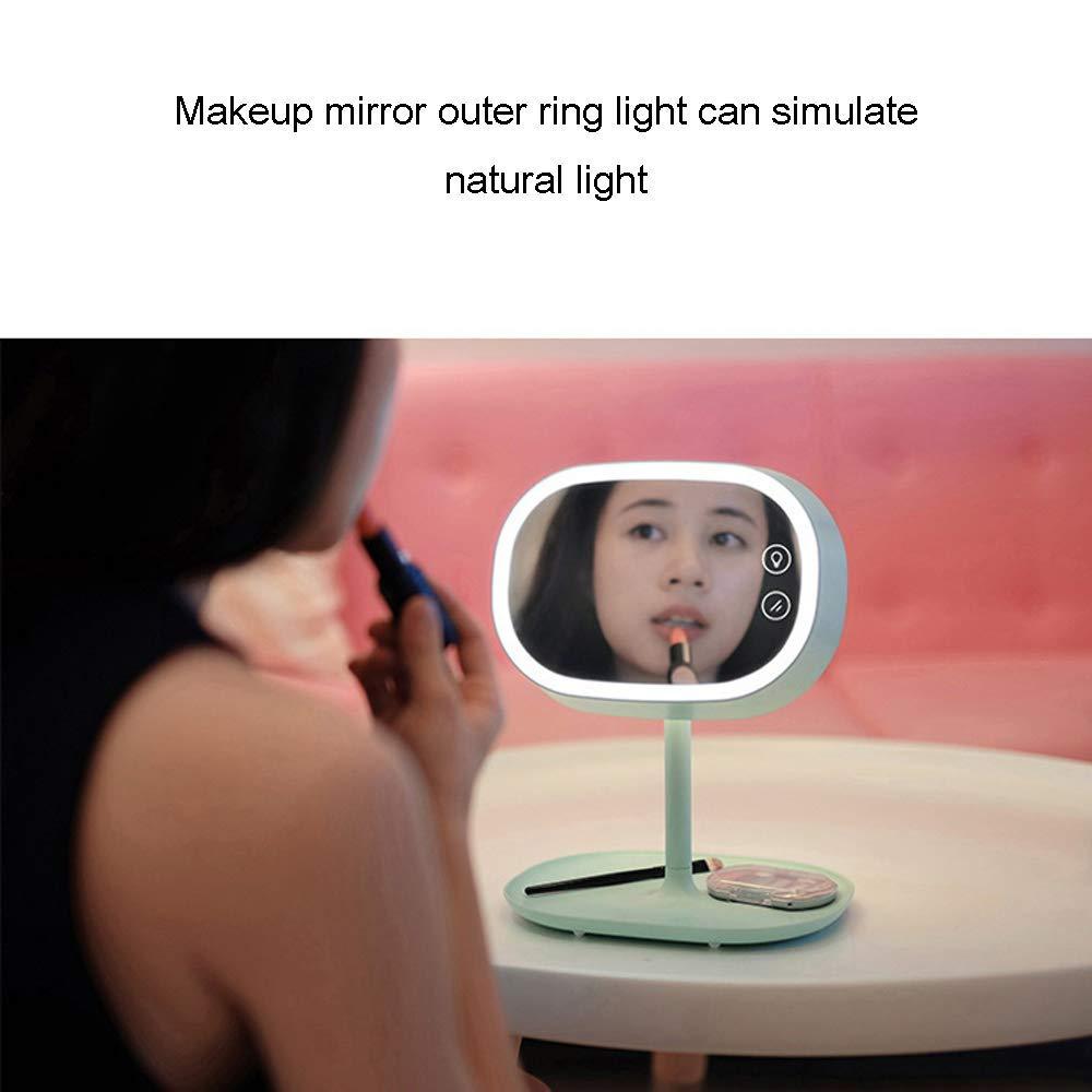 JBGIJIJIJFIJEEEHTRH Makeup Mirror Mirror LED Makeup Rechargeable, Portable Tabletop anity with Lights, 180 Free Rotation, Adjustable Brightness Touch Screen Base Storage Box Design (Color : White) (Green)