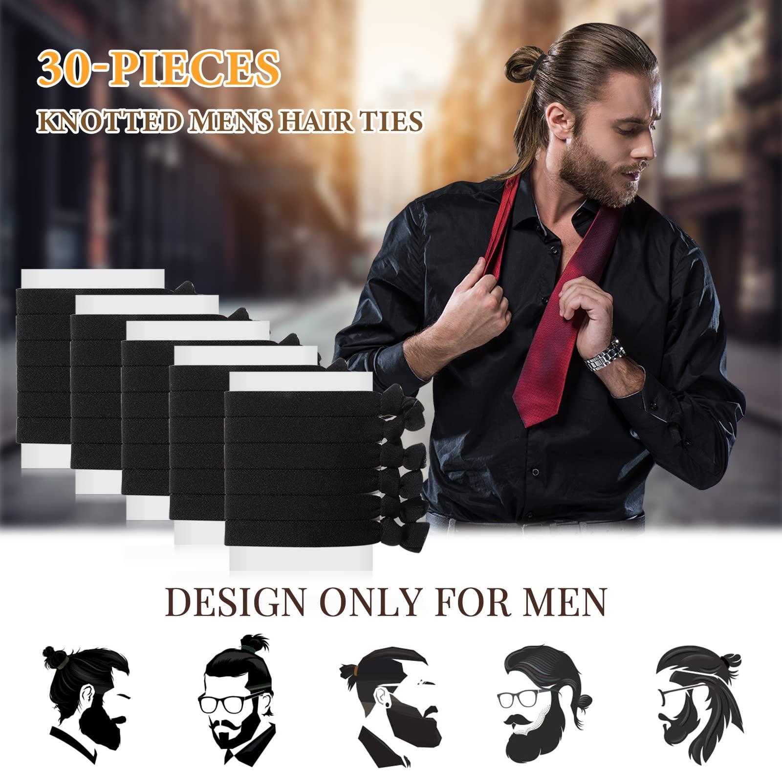 Juexica 30 Pcs Knotted Elastic Flat Hair Ties for Men\'s Long Curly Hair, No Crease Man Bun Ties (Black)