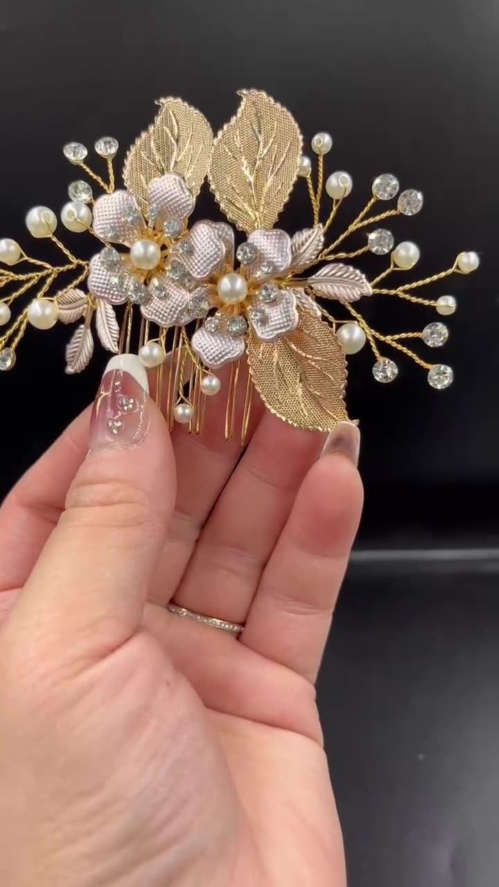 HAISENGO Gold Wedding Hair Comb-Handmade Bridal Hair Clip Wedding Hair Accessories for Women (Gold)