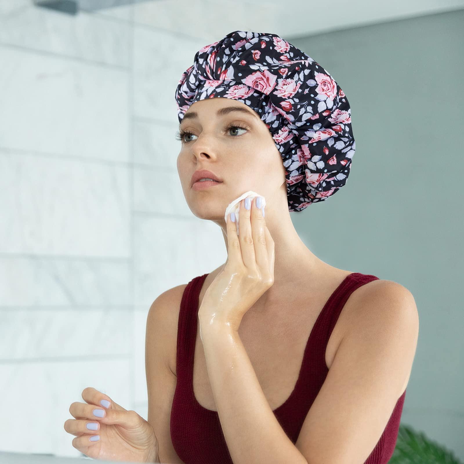 POZILAN Luxury Shower Cap for Women, Waterproof Reusable Shower Caps Double Layers Microfiber Terry Lined with Dry Hair Function, Extra Large for Long Hair, Adjustable for Most Heads Size
