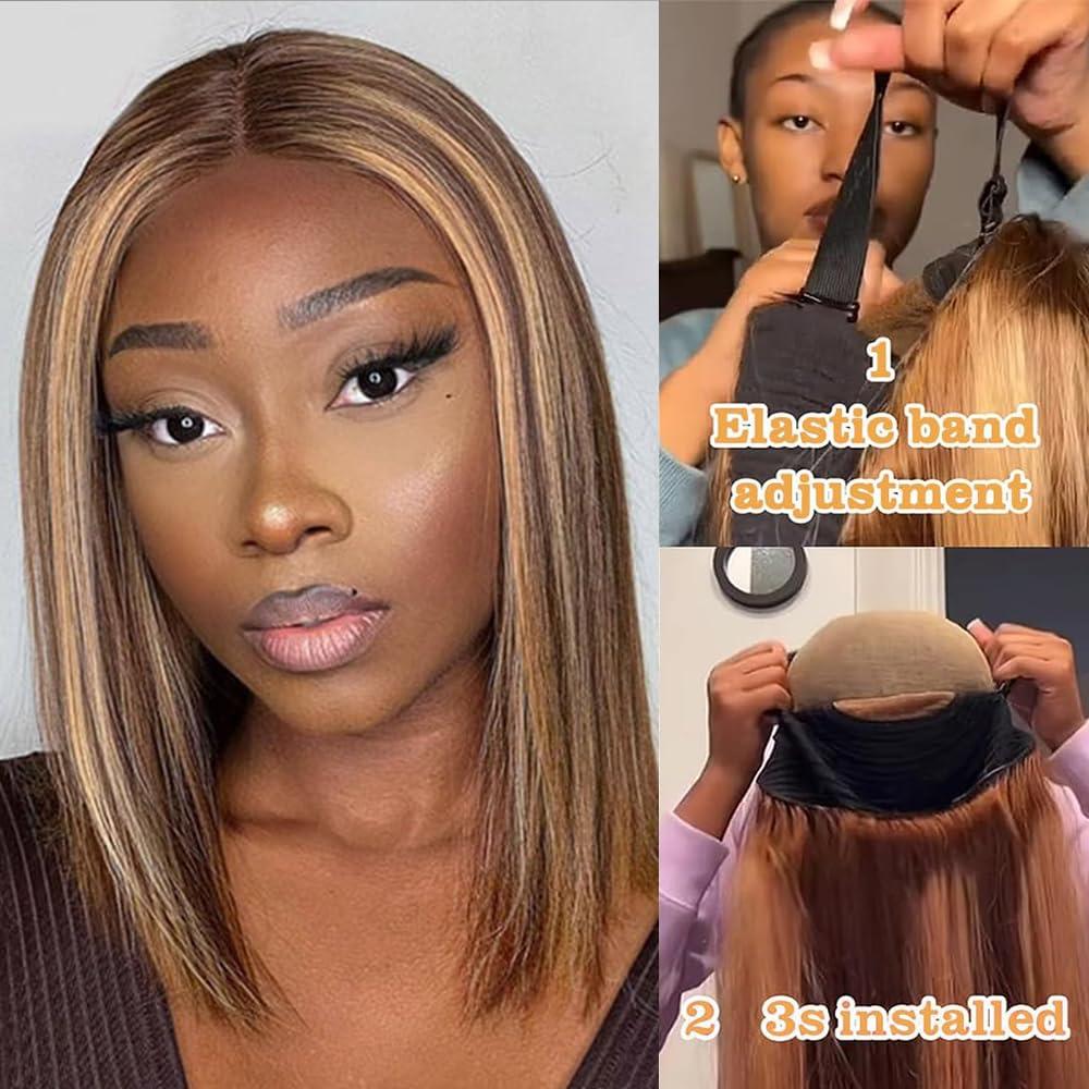 swthebily Put On And Go Glueless Wigs Human Hair Pre Cut Ombre 4/27 Highlight Short Bob Wig Human Hair For Women 180 Density 4x4 Closure Straight HD Lace Front Wigs Human Hair Ready To Wear For Beginners 10inch