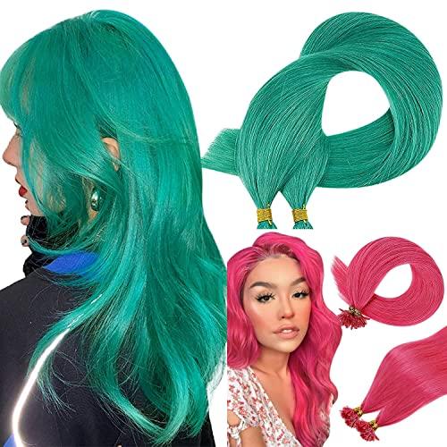 RUNATURE Great Deals:RUNATURE Real Itip Human Hair Extensions Keratin Pre Bonded Teal Hair Extension I Tip and I Tip Human Hair Extensions Pink Pre Bonded Human Hair Extension Silky Straight