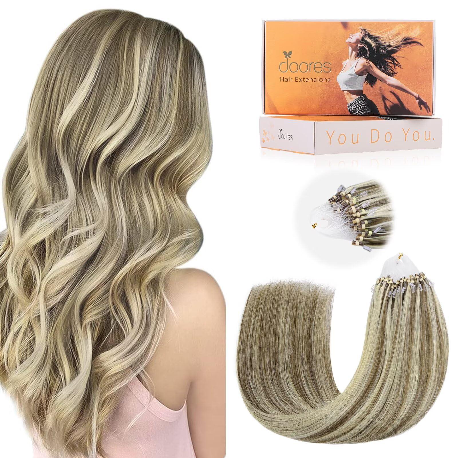 DOORES DOORES Hair Extensions Micro Link Hair Extensions Human Hair Virgin Hair, Ash Brown to Platinum Blonde 14 Inch 50g/50s, Micro Link Hair Extensions Short Human Hair