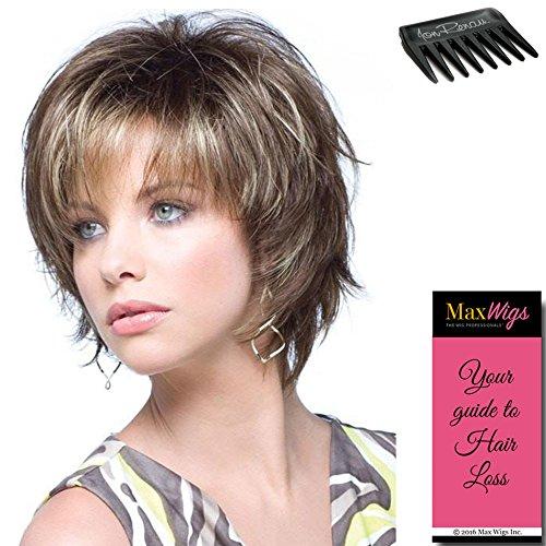 Noriko & Maxwigs Sky Avg Cap Wig Color Creamy Toffee Rooted - Short 5\" Razored Bob Feathered Layers Wispy Ends Synthetic Open Weft Bundle w/Comb, MaxWigs Hairloss Booklet