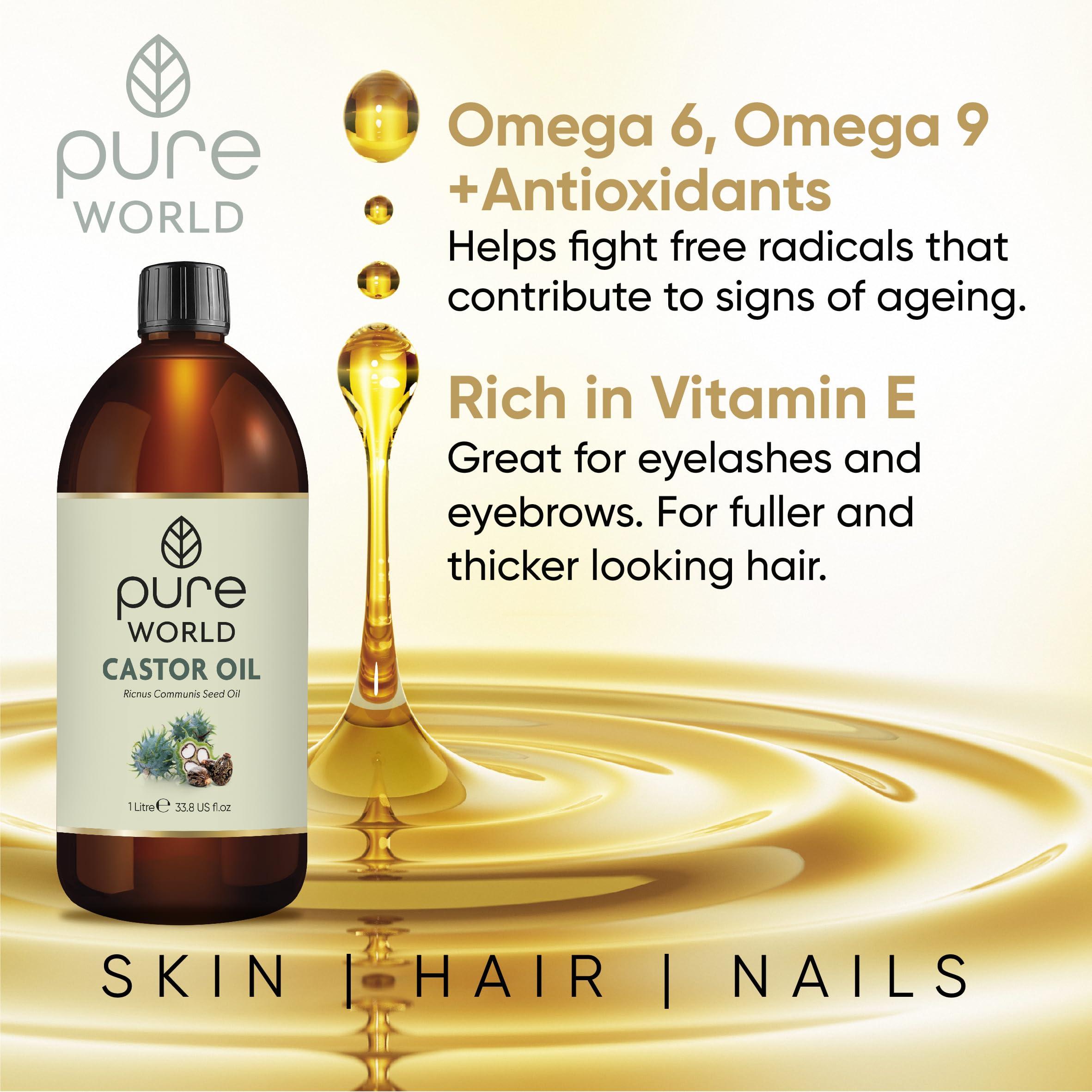 Pure World Pure World Castor Oil 1 Litre. Cold Pressed 100% Pure and Natural Hexane Free For Eyebrows, Nails, Beard, Hair, Eyelash Growth Cruelty-Free