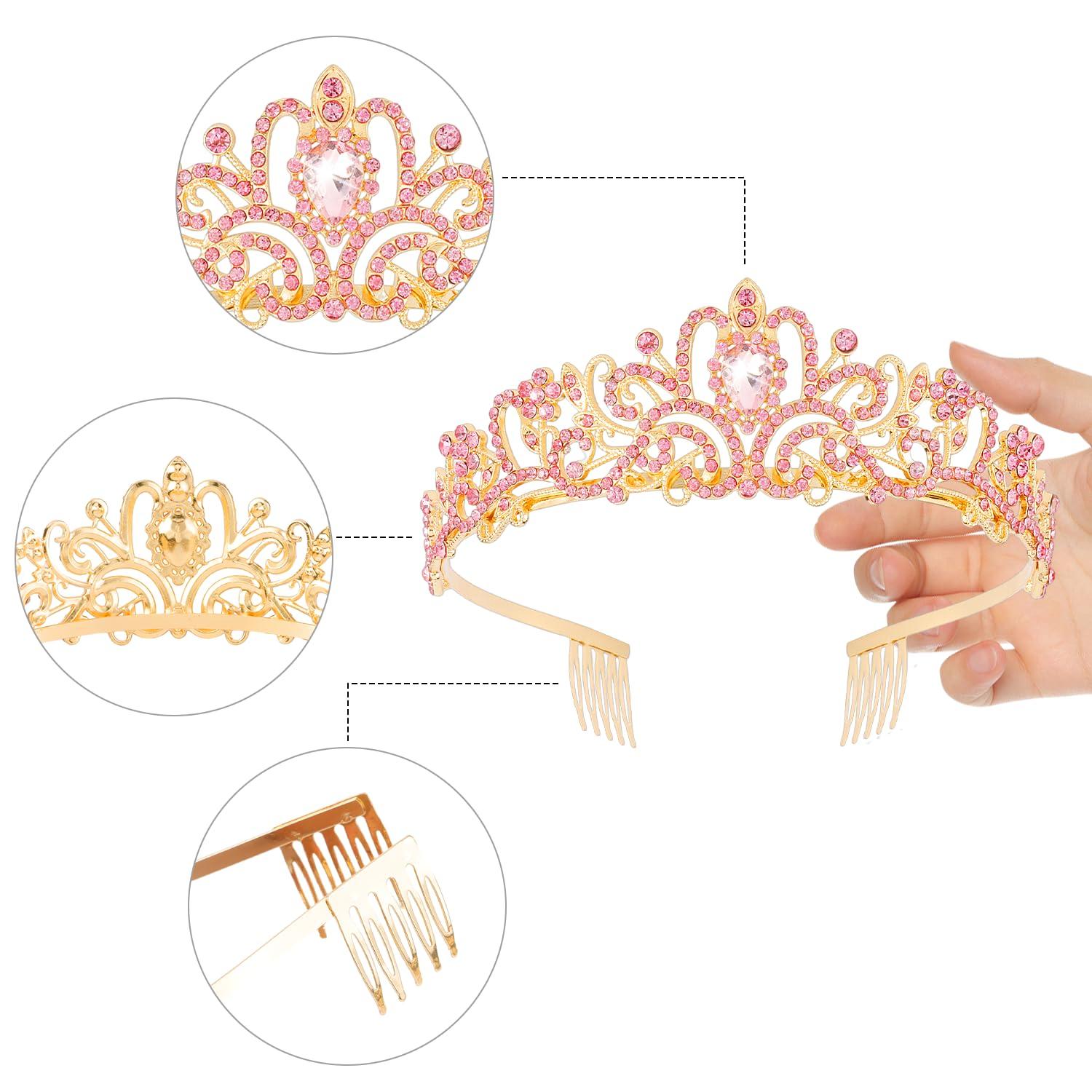 Didder Didder Gold Pink Tiaras and Crowns for Women Princess Tiara For Women Girls Elegant Crown with Combs Prom Crown Tiara Birthday Crowns for Women Bridal Wedding Birthday Halloween Party