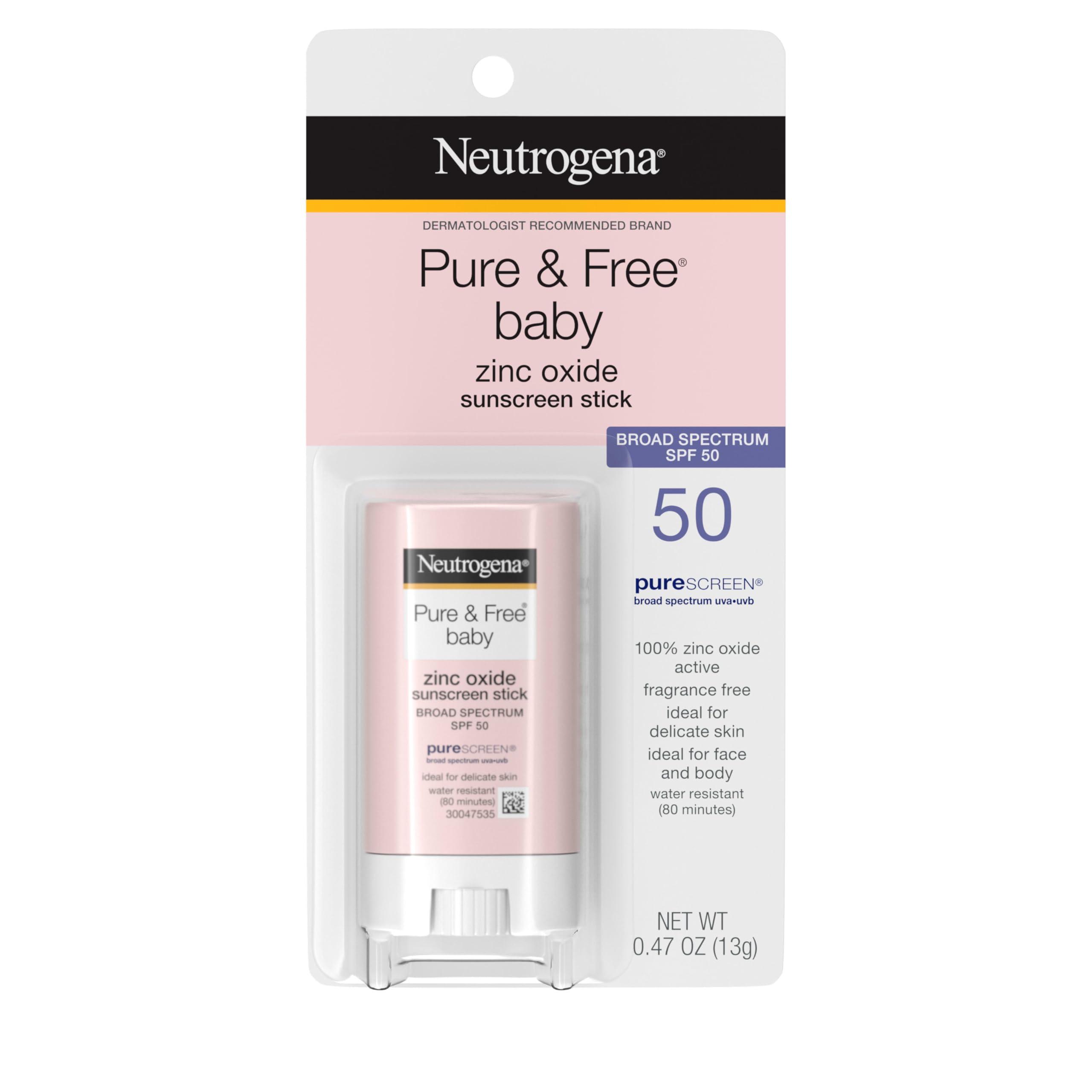 Neutrogena Neutrogena Pure & Free Baby Mineral Sunscreen Stick with Broad Spectrum SPF 50 & Zinc Oxide, Water-Resistant, Hypoallergenic, Paraben-, Dye- & PABA-Free Baby Face & Body Sunscreen, 0.47 oz