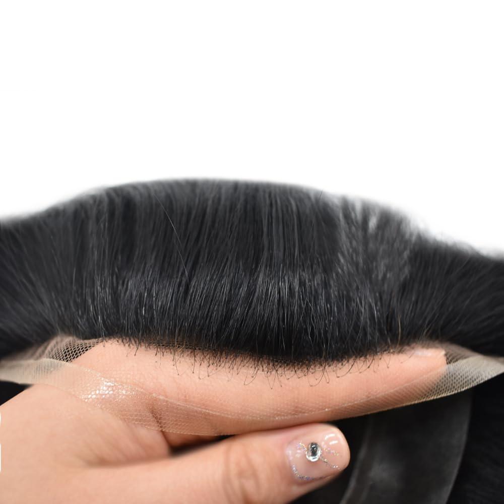 Hair Wonders Toupee For Men Real Human Hair Mens Toupee Hair Replacement System Swiss Lace Hair Piece For Men Hair System6x9\"-100% light to medium density1# JET BLACK