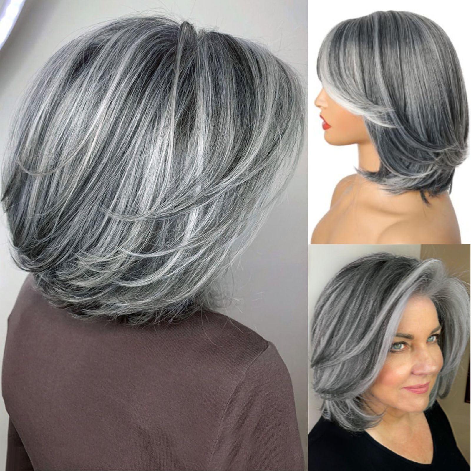 LEOSA LEOSA Short Grey Wig With Curtain Bangs BoB Layered Silver Grey Wigs for Women BOB Layered Wigs Pixie Cut Layered Wig Hair Synthetic Hair Wigs With Daily Use (Grey#)