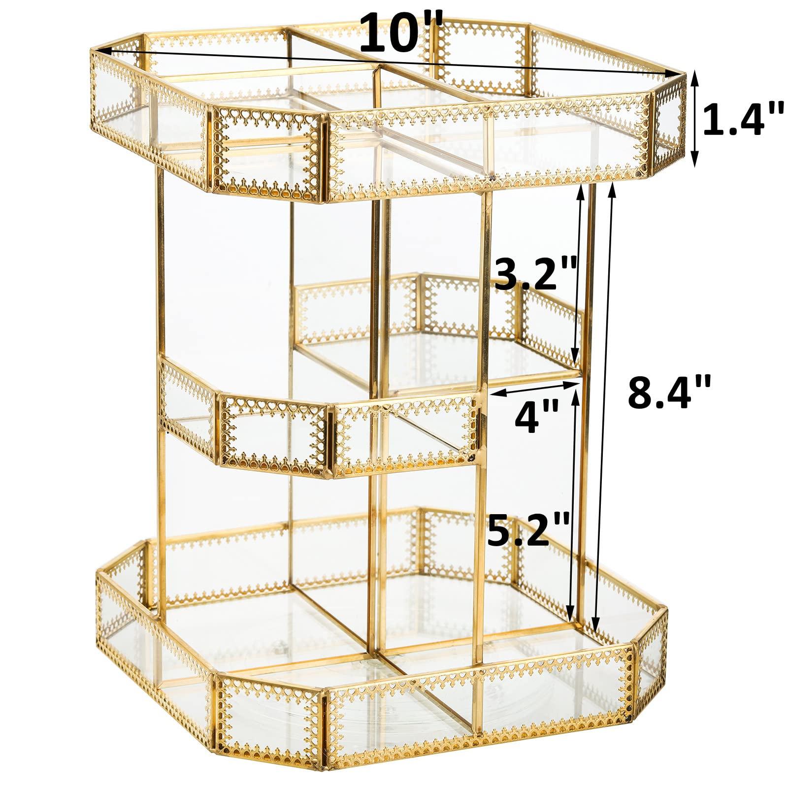 ZOOFOX ZOOFOX 360 Degree Rotating Glass Makeup Organizer, Large Cosmetics Storage Display Holder with Gold Trim for Vanity, Clear Makeup Carousel for Perfume, Cosmetics, Brushes, Lotion, Lipsticks