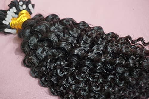 LANMINGO 50 Strands 1# Jet Black Micro Ring Link Human Hair Extensions afro CURLY Fusion Stick Micro Loop Kinky Curly remy human Hair extensions for black women