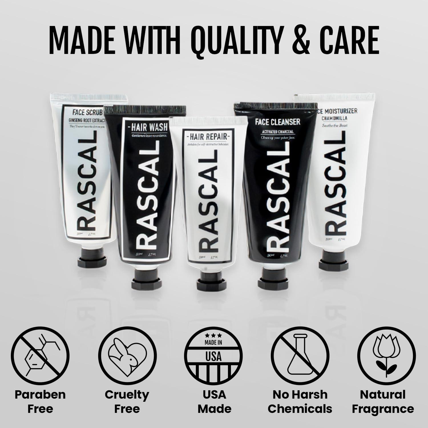 Rascal Men\'s Grooming Rascal World Traveler Toiletry Set - Premium Men\'s Grooming & Travel Size Toiletries, Travel Toiletry Kit, TSA-Approved, Includes Face Cleanser, Scrub, Moisturizer, Shampoo, Conditioner - 1.7 Oz Each
