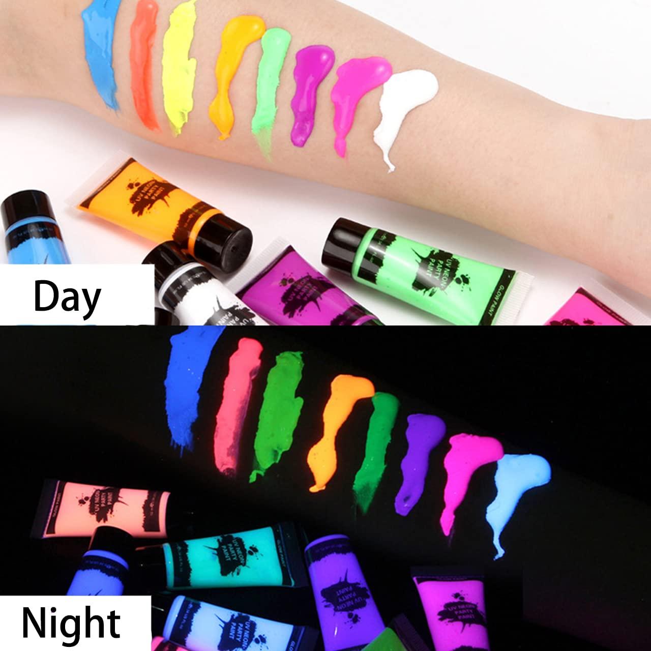 MEICOLY UV Blacklight Neon Face Body Paint, MEICOLY 8 Tubes Blacklight Reactive Paints,Water Based, Washable, Non-Toxic Neon Party Supplies for Halloween,01