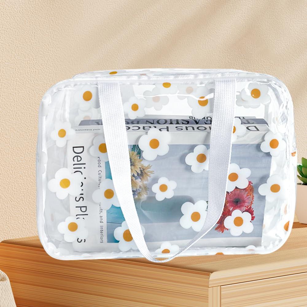 TotePrint TotePrint Clear Daisy Printed Cosmetic Bag and LargeTravel Pouch 11.81\'\'x4.33\'\'x8.27\'\' Size with Handle-Durable PVC Material,Versatile,Zipper Design for Makeup (White Floral#2-L)