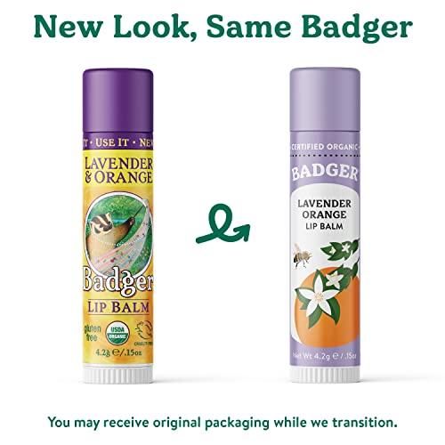 Badger Badger - Classic Lip Balm, Lavender & Orange, Made with Organic Olive Oil, Beeswax & Rosemary, Certified Organic, Moisturizing Lip Balm, 0.15 oz (4 Pack)