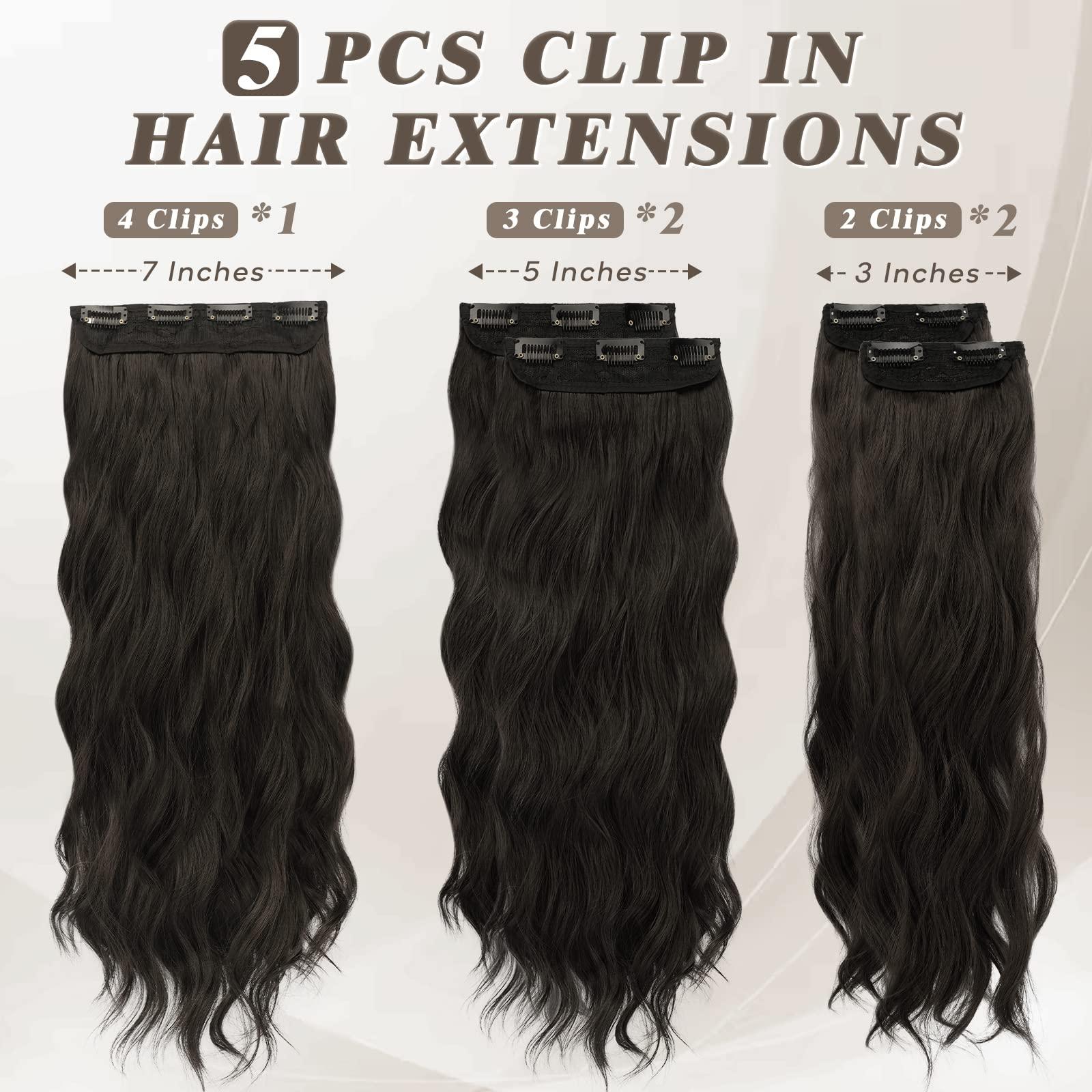 BARSDAR BARSDAR Black Brown Clip in Hair Extensions- 20 Inch Long Wavy Clip in Hair Extensions for Women - 5PCs Thick Soft Synthetic Clip in Hairpieces Daily Party Halloween - Black Brown
