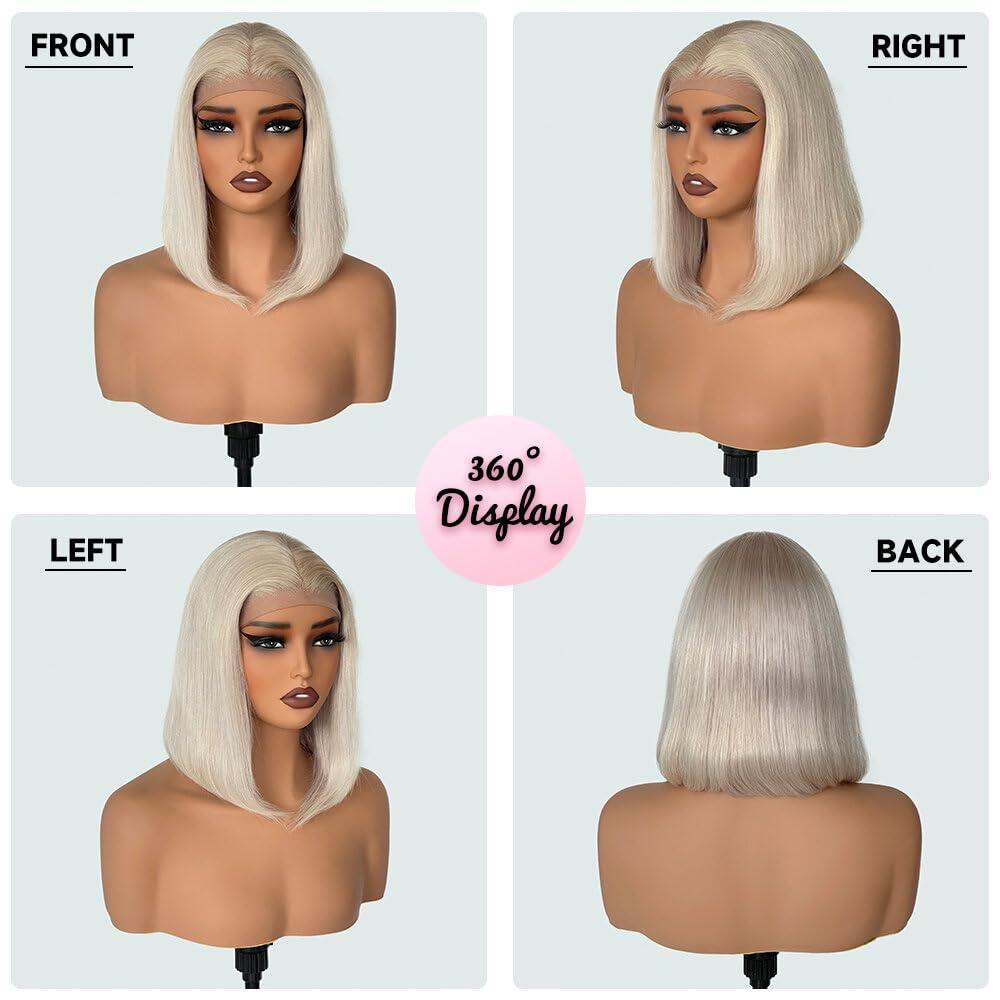 Byluxurious Byluxurious 60# Grey Platinum Blonde Wig Human Hair for White Pre Plucked HD Transparent Short Bob Wigs Human Hair Silver Ash White Lace front Wig For Women T Part Brazilian Hair 12 Inch 150 Density