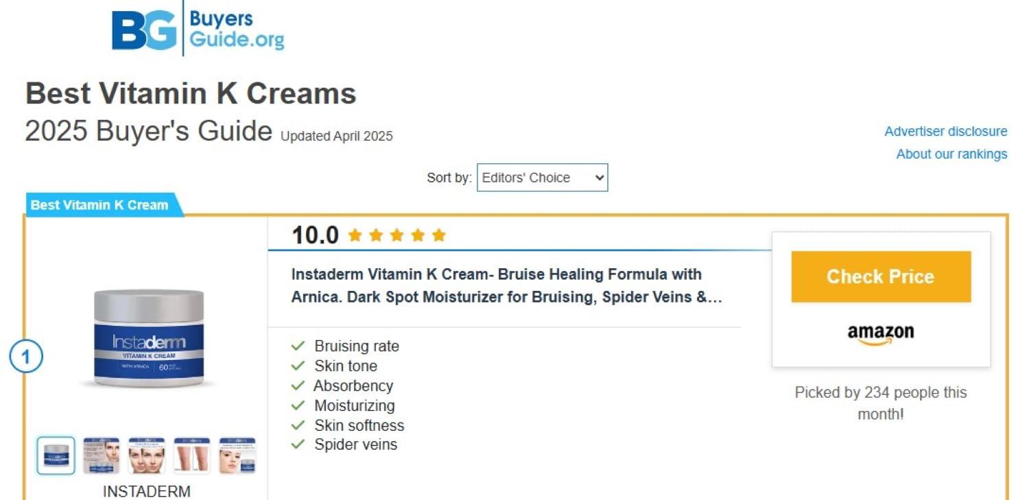Instaderm Instaderm Vitamin K Cream- Bruise Healing Formula with Arnica. Dark Spot Moisturizer for Bruising, Spider Veins & Broken Capillaries. Repair Under Eye Dark Circles, & Puffiness.