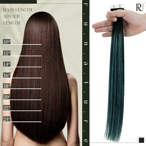 RUNATURE RUNATURE Black Ombre Tape in Hair Extensions Real Human Hair Tape in Extenions Short Natural Black to Blue Tape in Human Hair Extensions Teal Straight Glue in Hair Extensions Human Hair 12 Inch 30g
