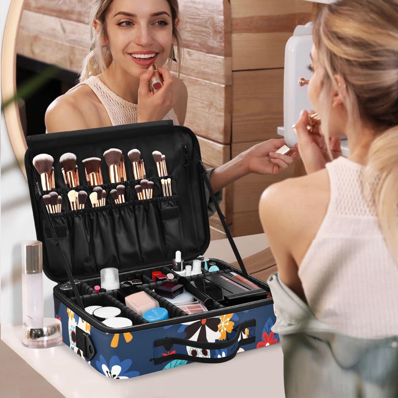QwThum QwThum Travel Makeup Train Case Large Makeup Bag Cosmetic Organizer Box Professional Artist Cosmetic Organizer Box with Adjustable Dividers Shoulder Strap Some Blue Skull
