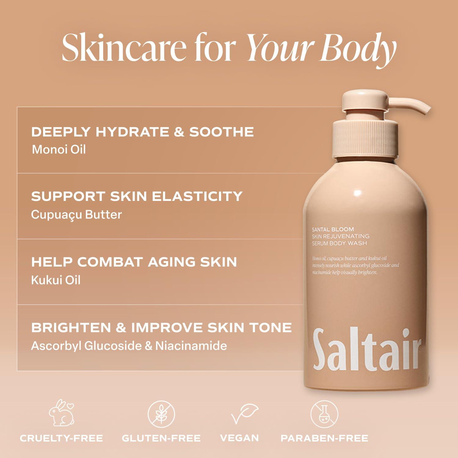 Saltair Saltair Body Wash, Santal Bloom 2-Pack. Moisturizing Body Cleanser with Monoi Oil and Cupuacu Butter. Luxury Shower Gel for Women. Vegan, Cruelty-Free Paraben Free. 2x 17oz Pump Bottles